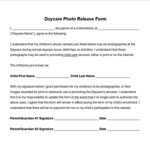 Daycare Photo Release Form, Daycare Photo Release Form Template, Child Photo Form, Child Photo Form Template, Daycare Form Template