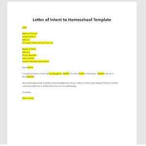 Plantilla de carta de intención editable para educación en el hogar, plantilla de educación en el hogar, plantilla de carta de intención, plantilla de Word, plantilla simple