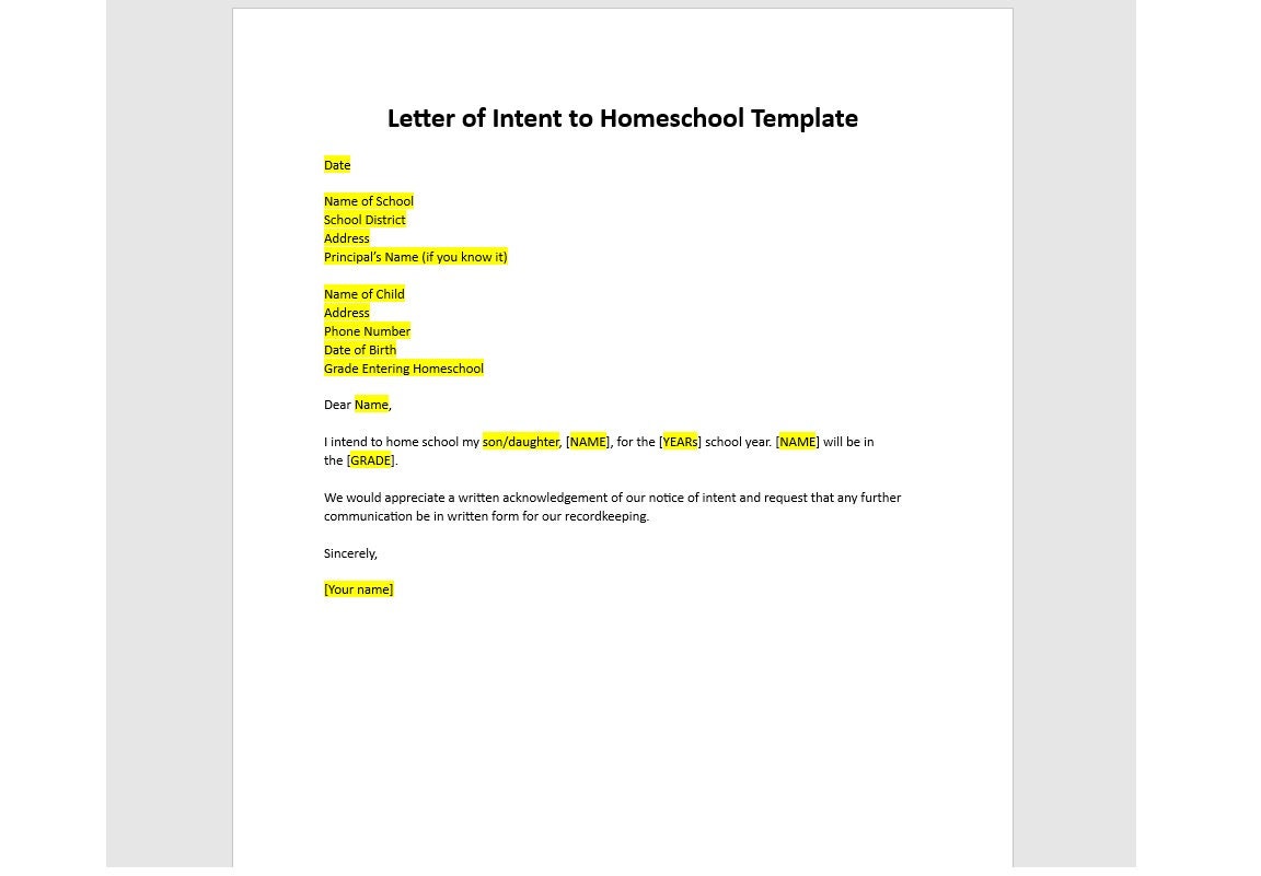 bearbeitbare letter of intent vorlage, homeschool vorlage, letter of intent vorlage, word vorlage, einfache vorlage