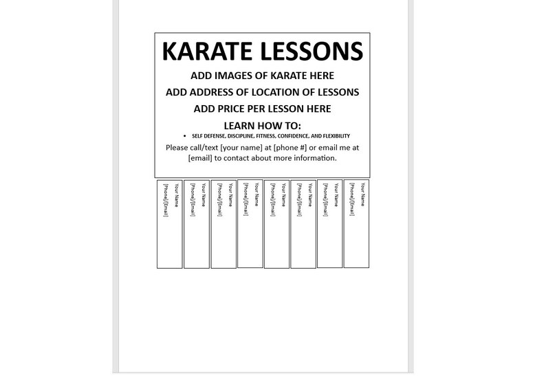 Editable Karate Lessons Tearoff Flyer Karate Lessons Etsy