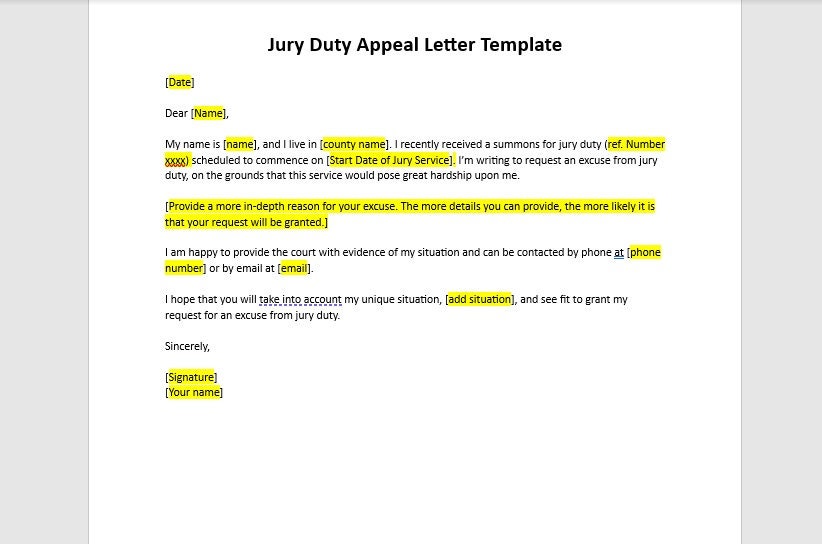 Editable Jury Duty Appeal Letter Template, Jury Duty Appeal Letter Editable Jury Duty Appeal Letter Template, Jury Duty Appeal Letter