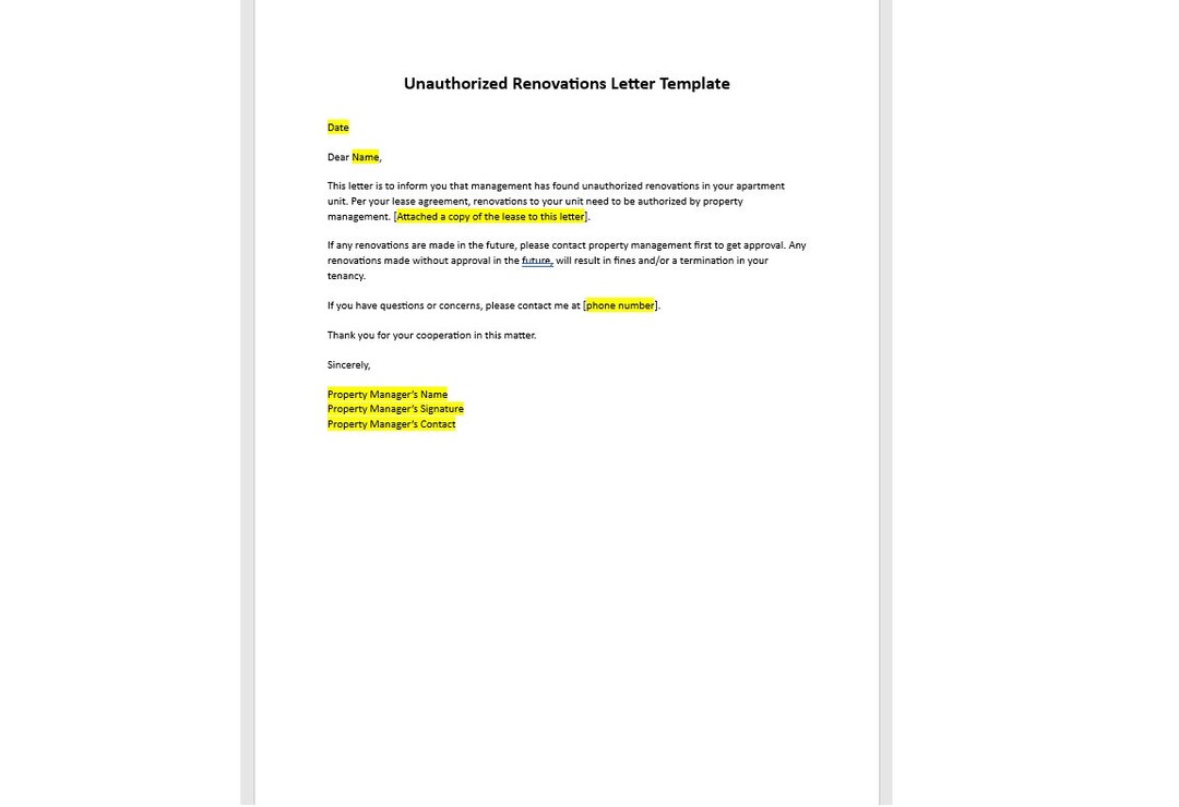 Tenant Unauthorized Renovations Letter Template, Unauthorized