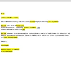Carta de trabajo remoto para préstamo hipotecario, carta de trabajo remoto para plantilla de préstamo hipotecario, carta de trabajo remoto, plantilla de Word, carta simple