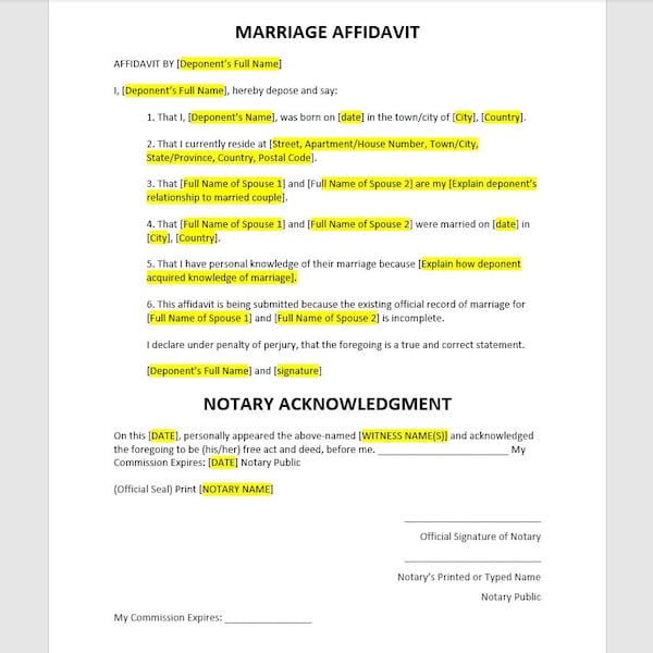 Affidavit of Marriage, Affidavit of Marriage Template, Marriage Affidavit Template, Editable Affidavit, Simple Affidavit, Affidavit Template