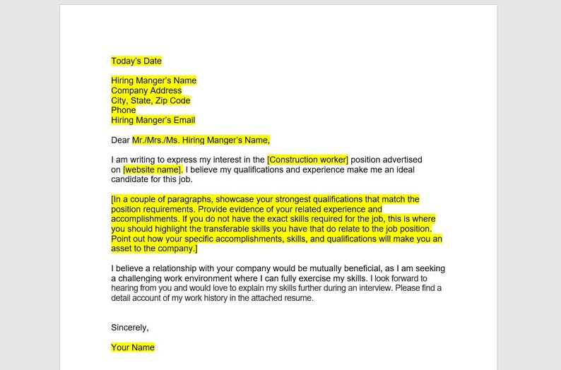Construction Worker Cover Letter, Cover Letter Template, Editable Cover