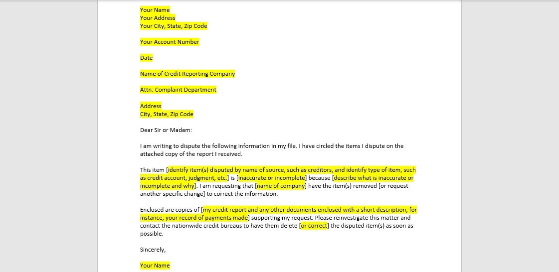 Credit Report Dispute Letter Template, Credit Report Dispute Letter