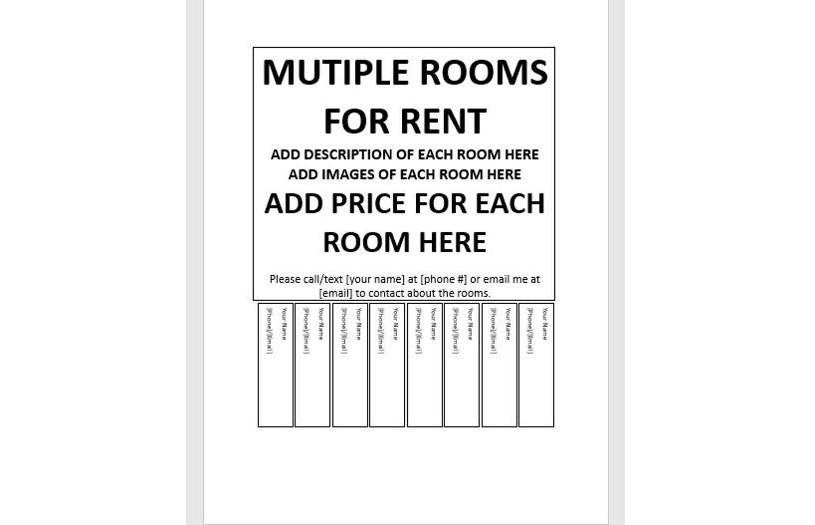 Editable Multiple Rooms for Rent Tear-off Flyer, Tear-off Flyer ...