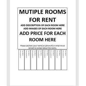 Editable Multiple Rooms For Rent Tear-off Flyer, Tear-off Flyer Template, Room For Rent Advertisement, Advertisement Flyer, Flyer Template