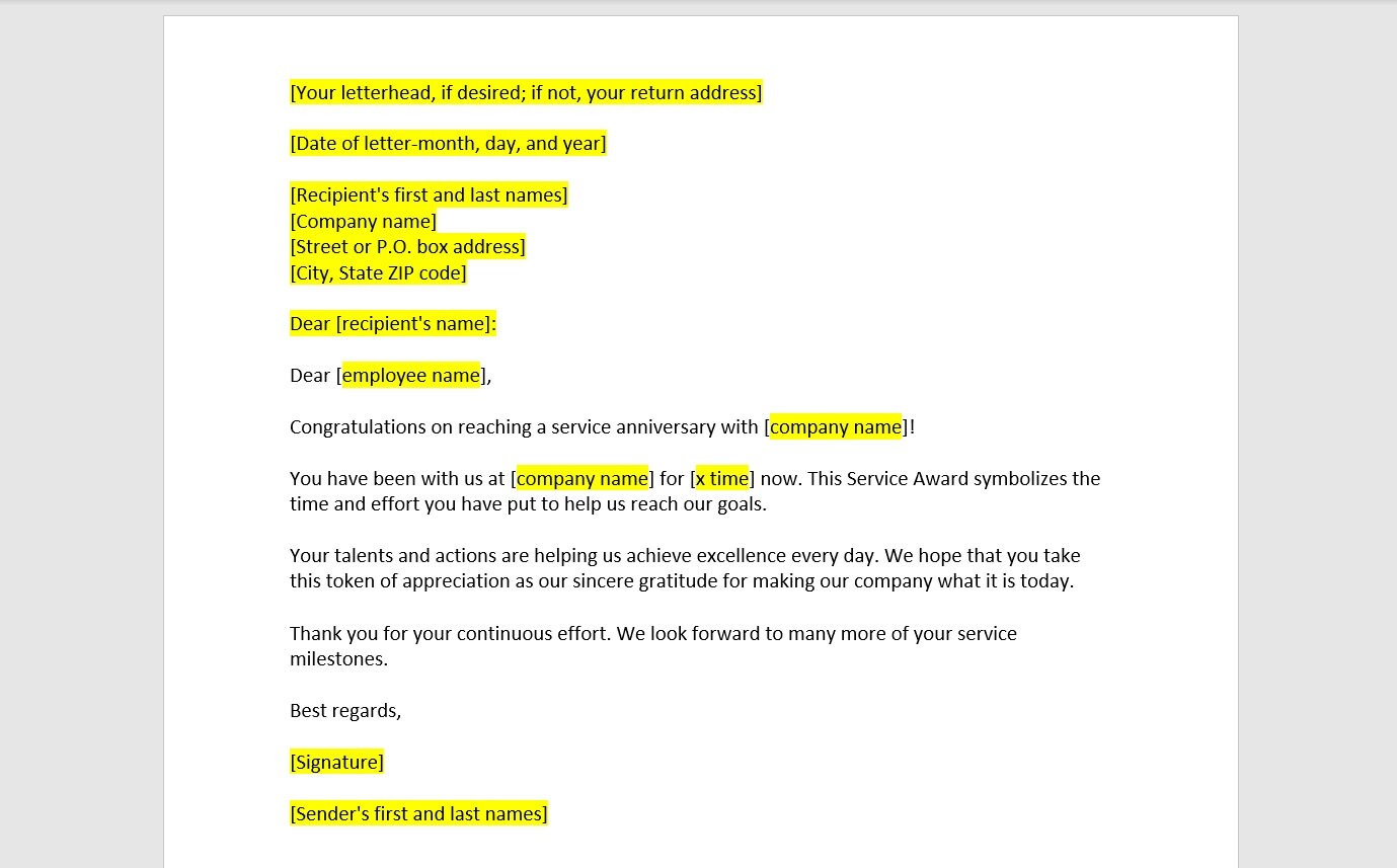 Employee Appreciation Letter For Service Anniversary Employee 