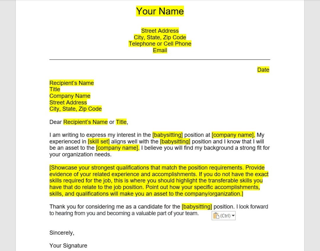 Babysitting Cover Letter Cover Letter Template Editable Etsy