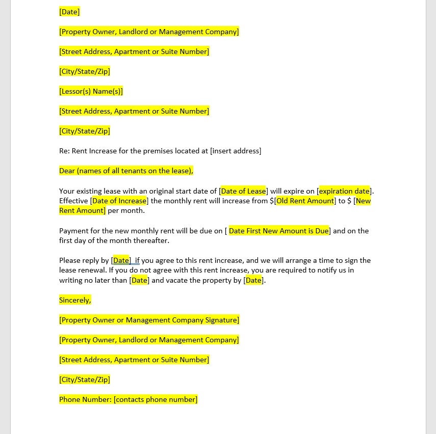 Landlord Rent Increase Letter Template, Rent Increase Letter, Rent ...