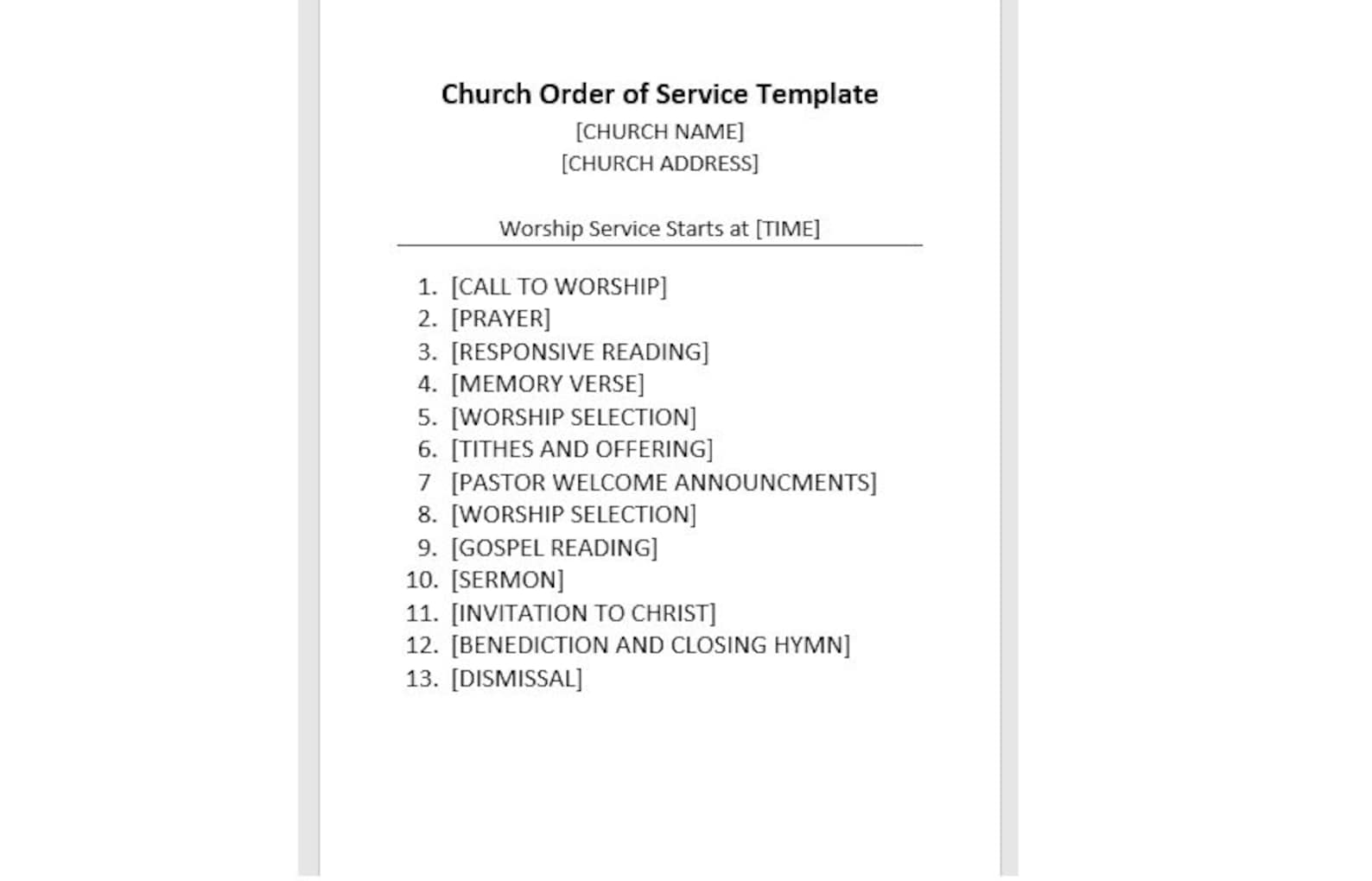 Church Order of Service Template Order of Service Church Order of