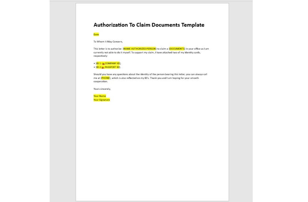 Editable Authorization to Claim Documents, Authorization to Claim