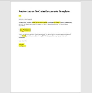 Editable Authorization To Claim Documents, Authorization To Claim Documents Template, Claim Documents, Authorization Form Template