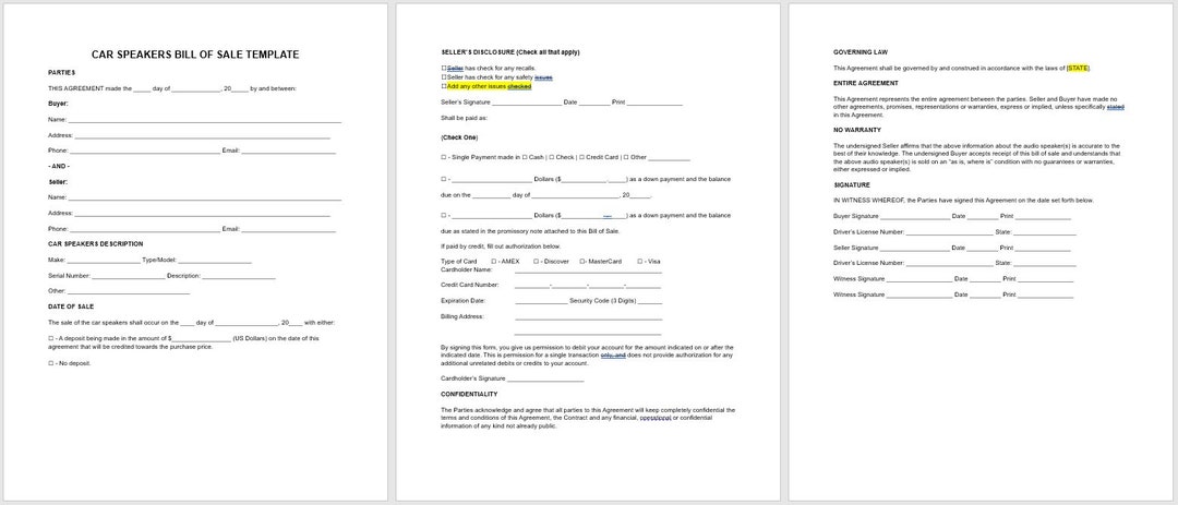 Editable Car Speakers Bill of Sale Template, Editable Bill of Sale ...