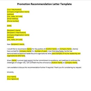 Carta de recomendación de promoción, Carta de recomendación para una promoción, Carta de recomendación, Plantilla, Plantilla de Word, Carta de Word