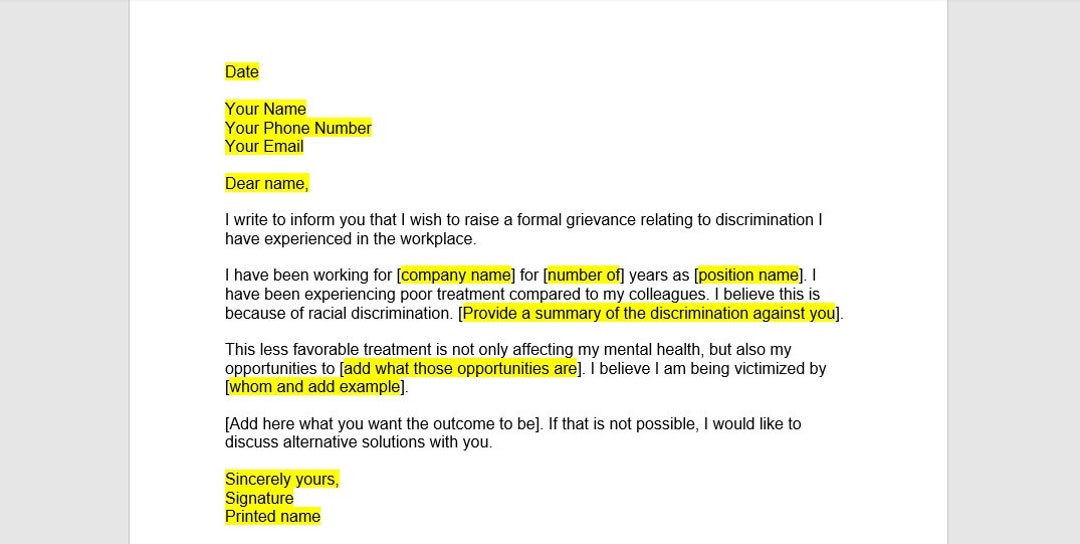 Discrimination Grievance Letter Template (Instant Download) Etsy