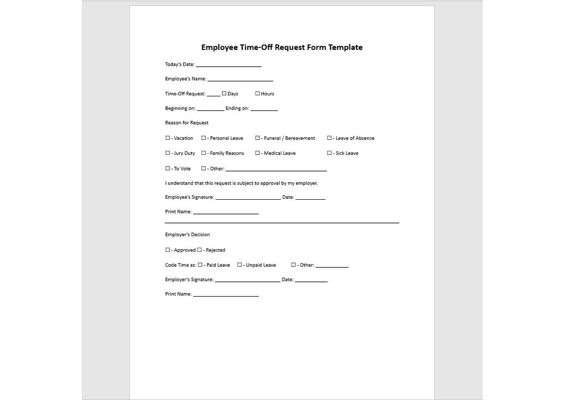 Editable Time-off Request Form, Employee Time-off Request Form, Request ...