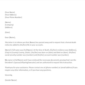 Notificar a los acreedores después de una plantilla de carta de defunción, Notificar a los acreedores después de una carta de defunción, Plantilla de Word, Carta simple, Carta de Word