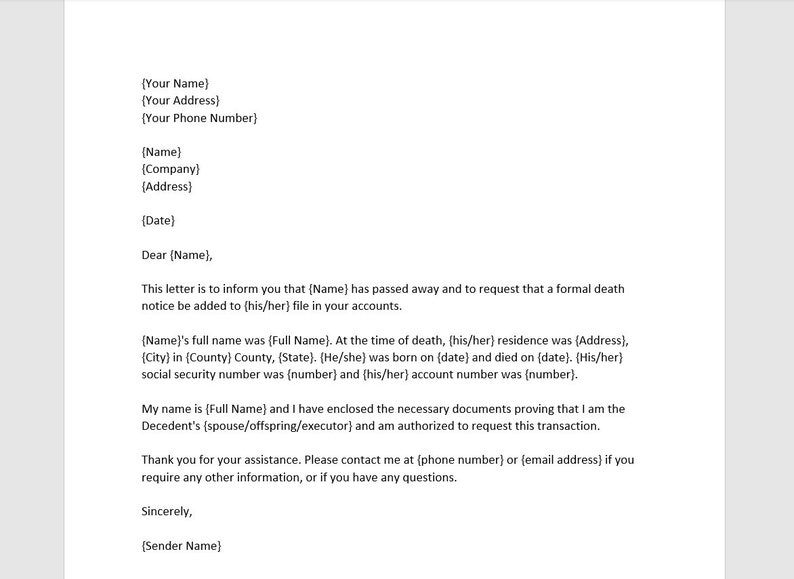 Notify Creditors After a Death Letter Template, Notify Creditors After