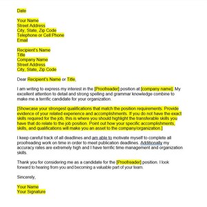 Puede incluir: Una carta de presentación formal para un puesto de corrector de pruebas en una empresa. La carta destaca la atención al detalle y las sólidas habilidades gramaticales del solicitante. La carta también menciona la capacidad del solicitante para cumplir con los plazos y administrar el tiempo de manera efectiva.