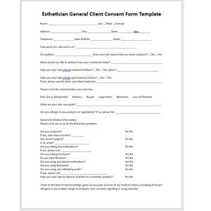 Esthetician General Client Consent Form Template, Client Consent Form, General Form, Consent Form, Word Template, Simple Form