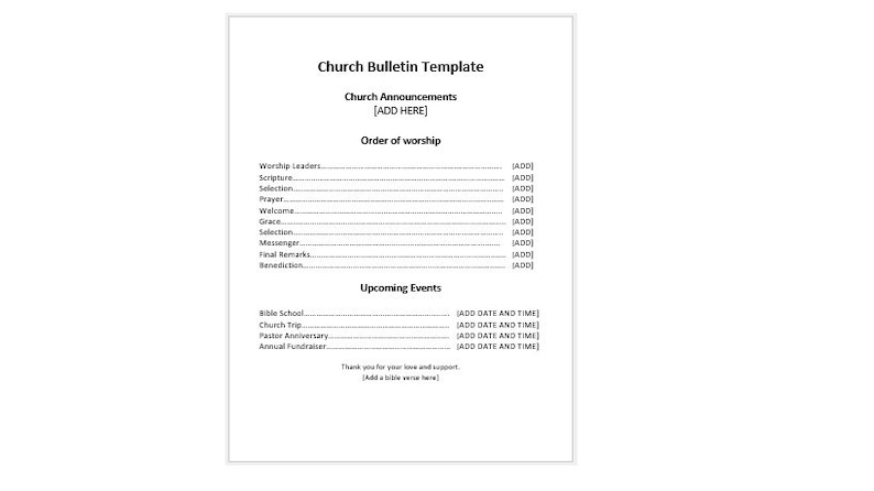 May include: A white church bulletin template with the title "Church Bulletin Template" at the top. The bulletin includes sections for announcements, order of worship, and upcoming events. The text "ADD HERE" is visible.