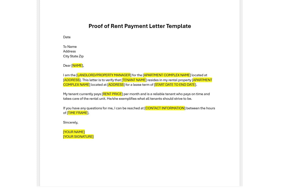 proof of rent payment, proof of rent payment letter template