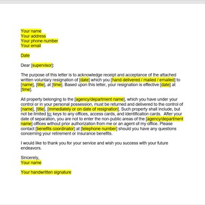 May include: A formal resignation letter template with a black and white design. The letter includes a section for the employee's name, address, phone number, and email address. The letter also includes a section for the supervisor's name, the date, and the date of resignation.