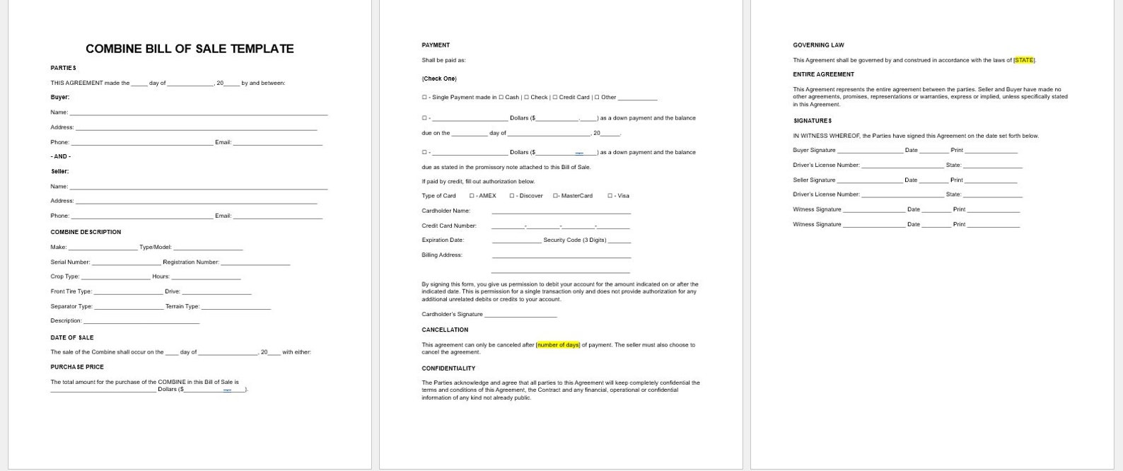Editable Farm Combine Bill of Sale Template, Editable Bill of Sale