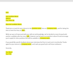 Carta de rechazo después de la entrevista, carta de rechazo posterior a la entrevista, carta de rechazo de trabajo, plantilla de carta, plantilla de Word, carta simple