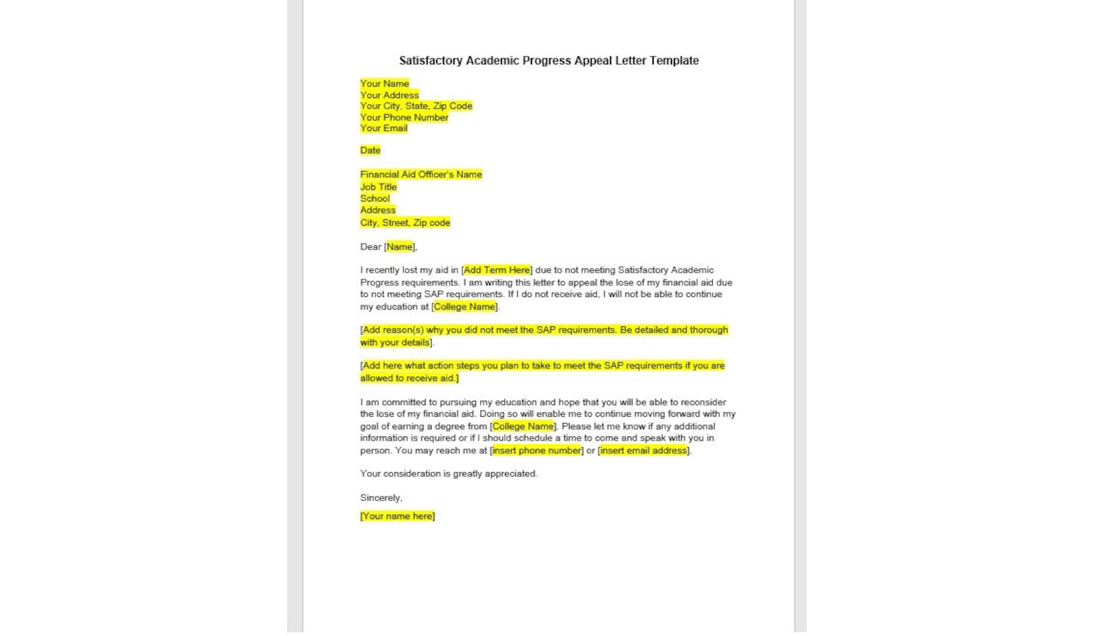 Editable Satisfactory Academic Progress Appeal Letter Template SAP editable-satisfactory-academic-progress-appeal-letter-template-sap