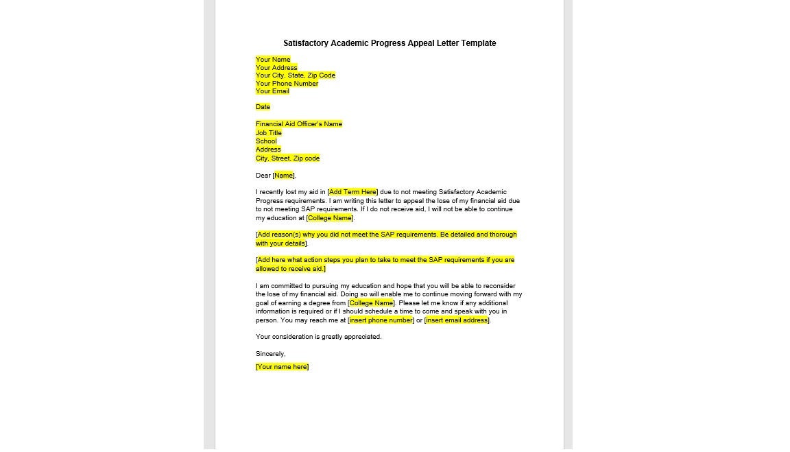 Editable Satisfactory Academic Progress Appeal Letter Template, SAP Editable Satisfactory Academic Progress Appeal Letter Template, SAP