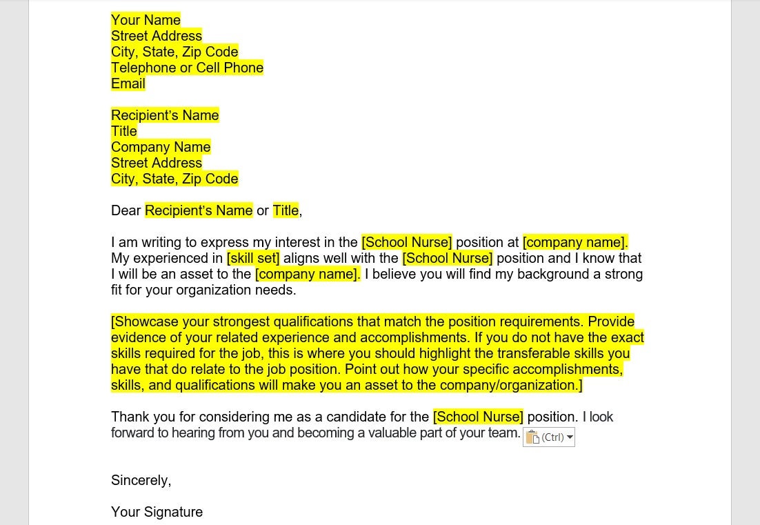 School Nurse Cover Letter, Nurse, Cover Letter Template, Editable Cover