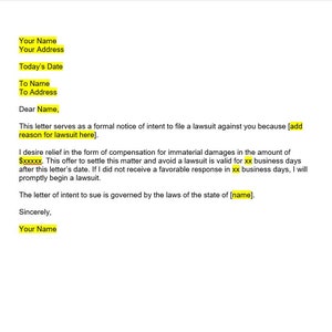 Aviso de intención de demandar, Plantilla de aviso de intención de demandar, Plantilla de aviso de intención, Plantilla de carta, Plantilla de Word, Carta simple