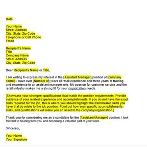 May include: A cover letter template for an Assistant Manager position. The letter includes a sample introduction, a section for showcasing qualifications, and a closing statement. The text includes placeholders for the recipient's name, company name, and the number of years of experience.