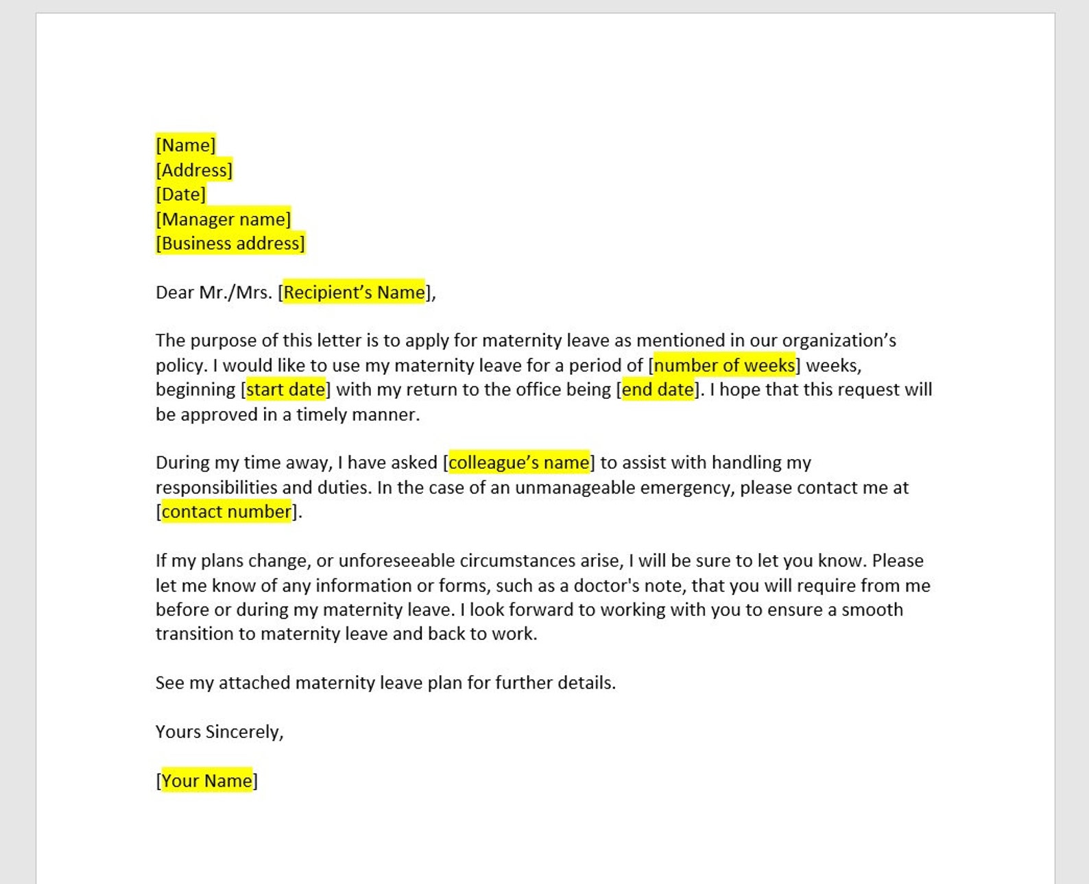 Maternity Leave Letter Template, Maternity Leave Letter, Maternity