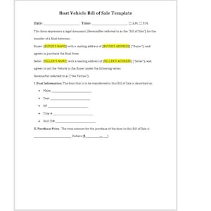 Editable Boat Bill of Sale, Boat Bill of Sale Template, Boat Sale, Bill of Sale Form, Auto Bill of Sale, Word Template, Simple Template