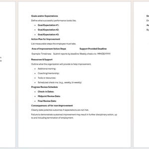 May include: Three-panel document detailing a Performance Improvement Plan (PIP). The document includes sections for employee information, goals, action plans, and employee comments. The text is black on a white background.