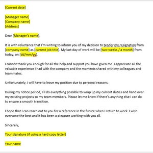 Persönlicher Grund Rücktrittsbrief, Rücktrittsbrief, Rücktrittsvorlage, Resignation Letter Template, Word Template, Einfacher Brief