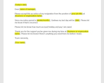 Resignation Letter Template, Resignation Letter, Resignation Template, Resignation Letter Template, Word Template, Simple Letter