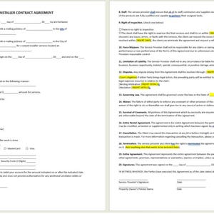 May include: A two-page document titled "CARPET INSTALLER CONTRACT AGREEMENT." The document is a legal form with fill-in-the-blank sections for details like service provider, property owner, and terms. The text is black on a white background.