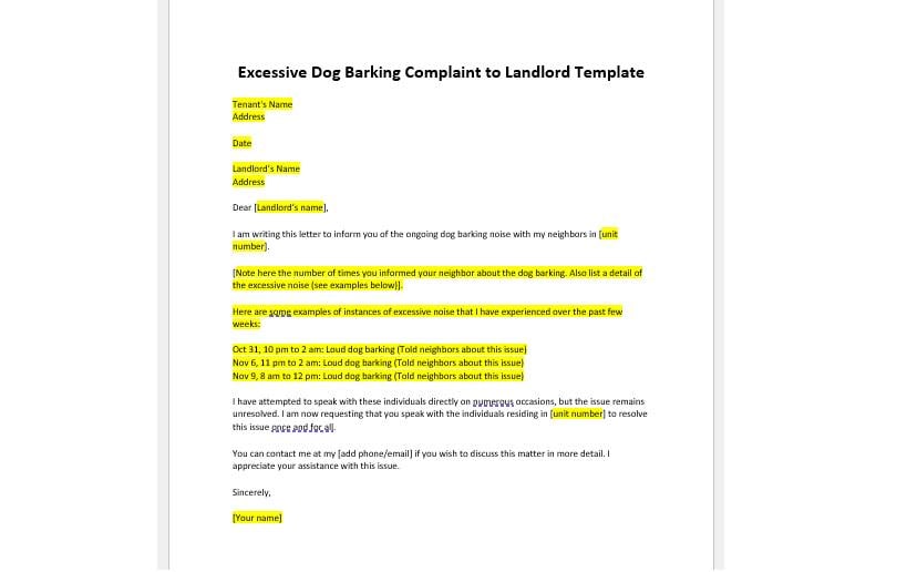 Excessive Dog Barking Complaint Template Letter, Complaint Letter