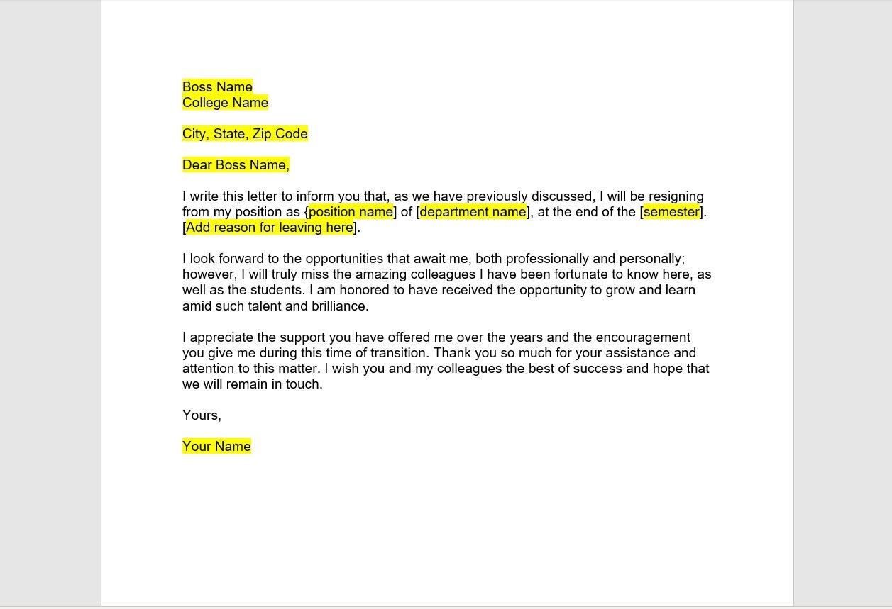 Academic Resignation Letter Doctor Resignation Letter