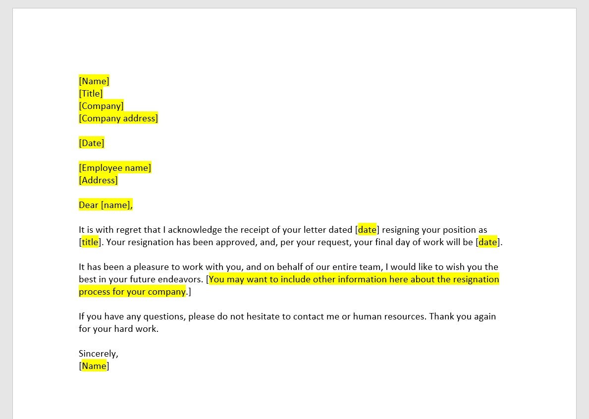 Resignation Acceptance Letter Template Resignation Letter Resignation 