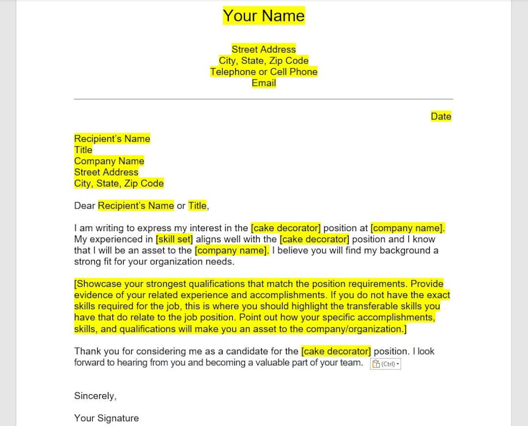 Cake Decorator Cover Letter, Cover Letter Template, Editable Cover