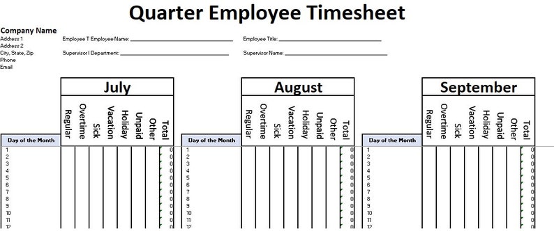 Editable Quarter Employee Timesheet, Quarter Employee Timesheet Template, Quarter Timesheet ...