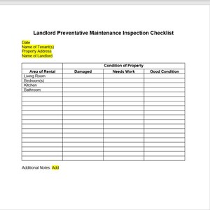 Landlord Preventative Maintenance Inspection Checklist, Maintenance Checklist, Inspection Checklist, Checklist Template, Word Template