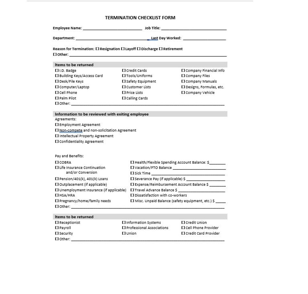 Employee Termination Checklist Template Termination Checklist