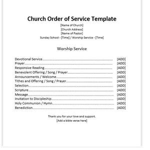 May include: A white paper titled "Church Order of Service Template" with sections for church information and a detailed "Worship Service" outline. Includes prompts to add details.